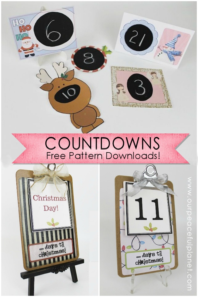Here’s FIVE FREE PRINTABLE Christmas Countdowns! Plus one made from a small clip board. Just download our packet and print the ones you want. There’s even a pattern for a paper easel! What a fun easy way to keep track of the day’s until this most favorite of holidays!  
